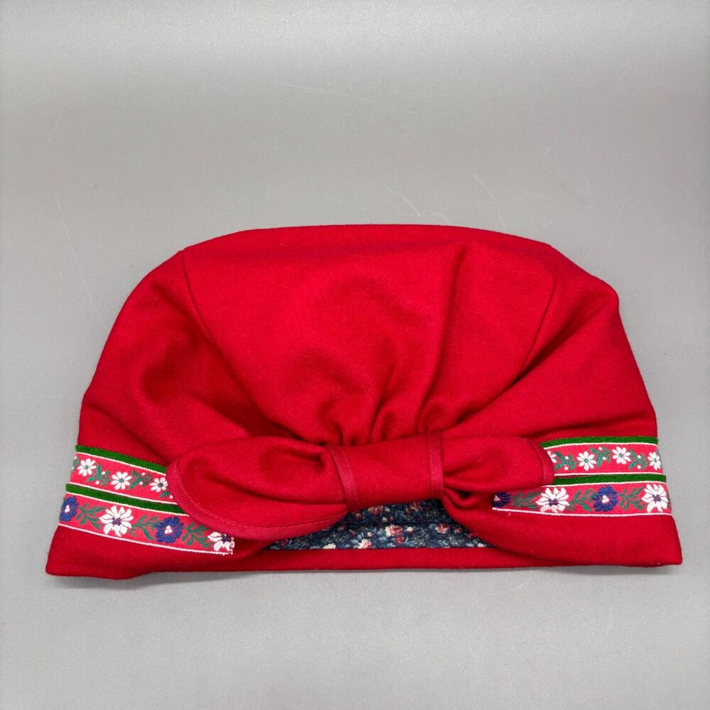Vintage Scandinavian Folk Hat Red Wool Bonnet Floral Trim Lining Ladies Cap - Picture 4 of 8